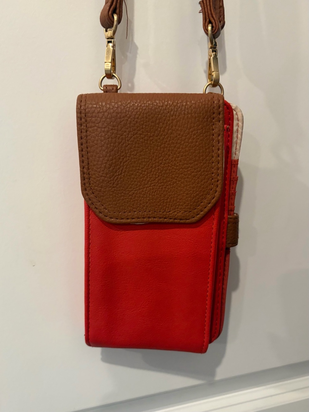 Compact Red and Brown Crossbody Phone Bag